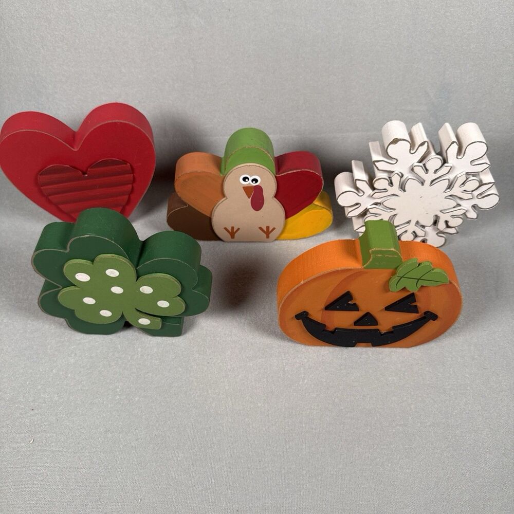 Set of 5 Chunky Wood Holiday Icons Decor-Pumpkin Turkey Heart Snowflake Shamrock